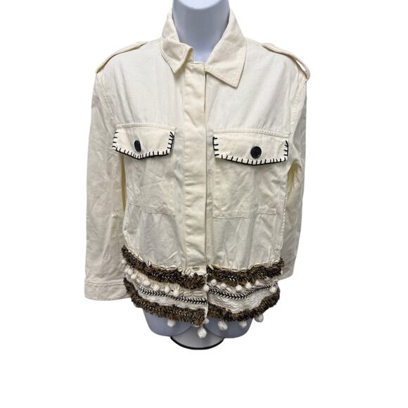 Zara Womens SZ S Jacket white brown emblished seashells tassels button beach - Picture 2 of 7
